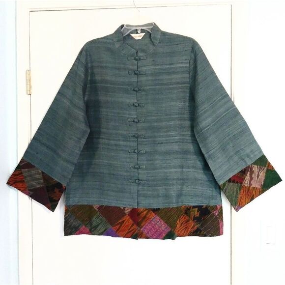 Classic Lanna Thai Teal 100% Silk Button Up Shirt Tunic - Picture 1 of 9